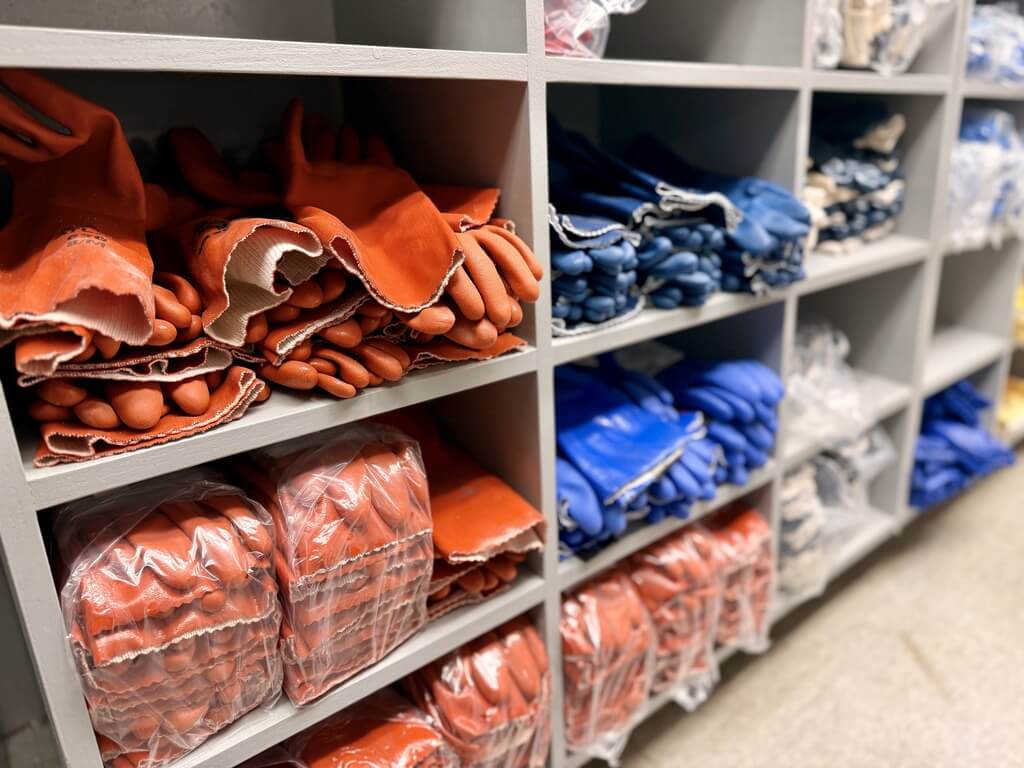 Shelf of fishing supplies and gloves